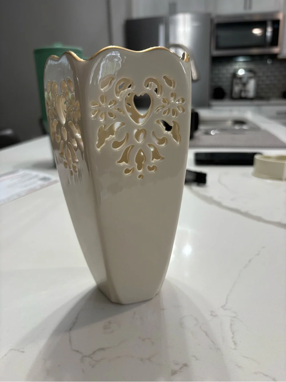 Lenox Cream Ceramic Vase with Gold Trim and Cutout Heart Motif